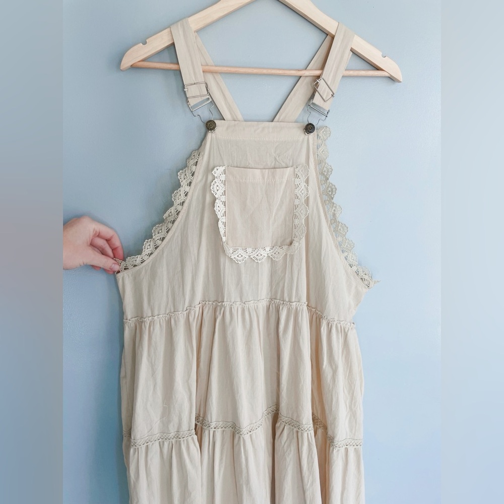 Prairie Cottagecore Tiered Overall Dress Beige Lace Trim Adjustable Straps M/L - Picture 5 of 8